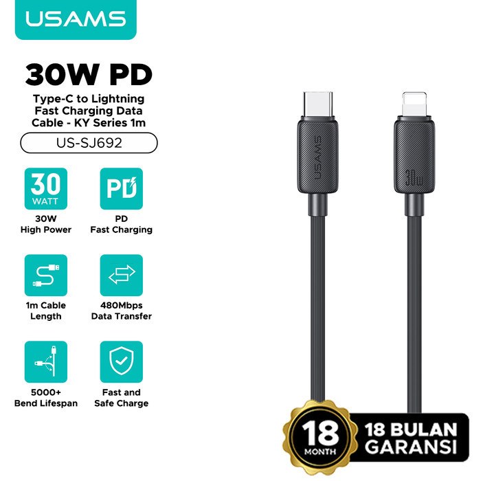 Дата кабель Usams US-SJ692 Type-C-Lightning 30W 3A 1.0m Black - -