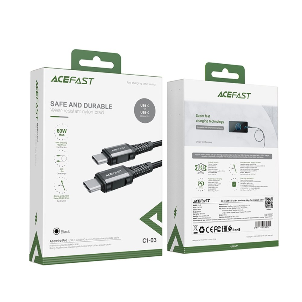 Дата кабель AceFast C1-03 Type-C to Type-C 60W Black - -