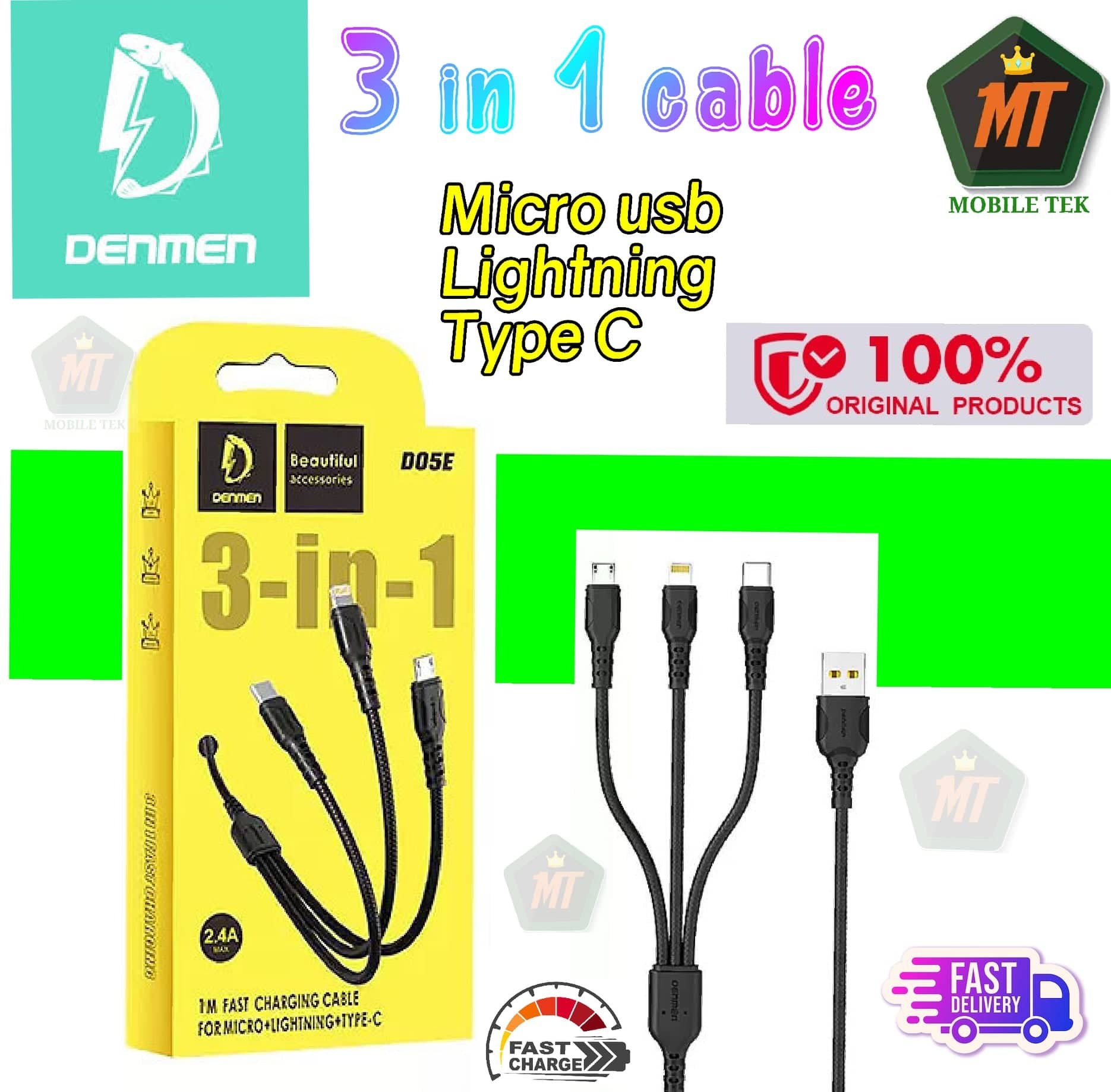 АЗП Denmen DZ11E 3in1 cable Lightning+Micro+Type-C 1USB 2.4A Black