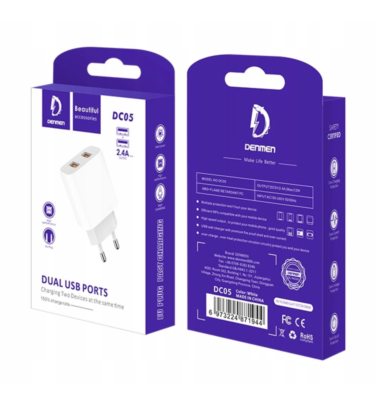 МЗП Denmen DC05ML 2USB 2.4A + Lightning cable White - -