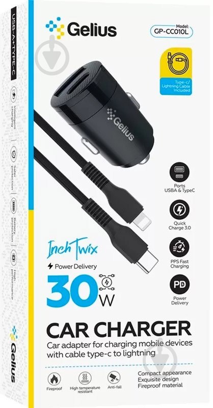 Автомобільний зарядний пристрій Gelius Inch Twix GP-CC010L USB+Type-C QC/PD (30 Watt)+ кабель Type-C/Lightining