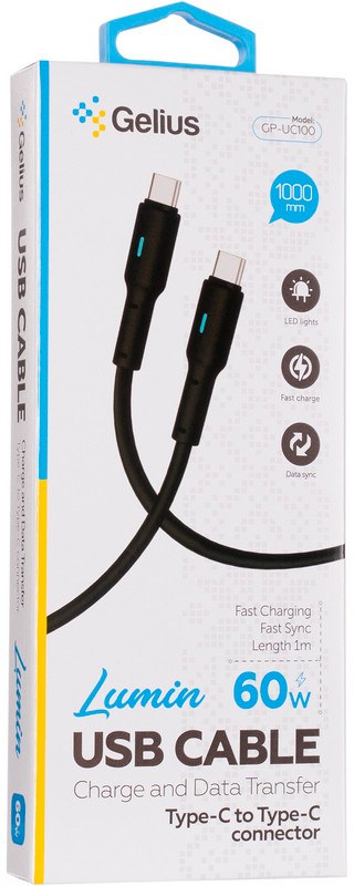 Дата кабель USB Gelius Lumin Lamp GP-UC100 Type-C/Type-C (1m) (60W) Black