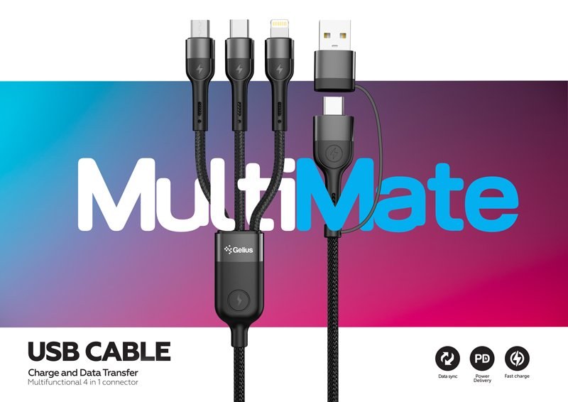 Дата кабель USB Gelius Multimate GP-UCN006 4in1 USB-A/Type-C to Type-C/Lightning/MicroUSB (1,2m) (60W) Black