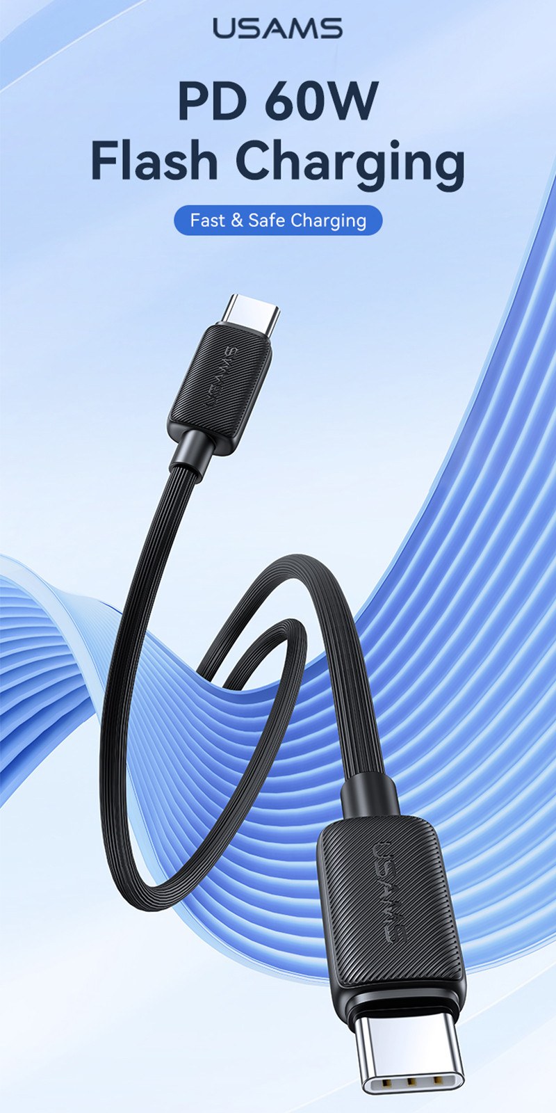 Дата кабель Usams US-SJ691 60W Striped Type-C Type-C-KY Series 1m/60W Black
