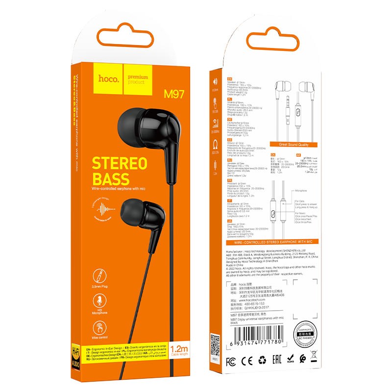 Навушники дротові HOCO M97 Enjoy universal earphones with mic 1,2m Black