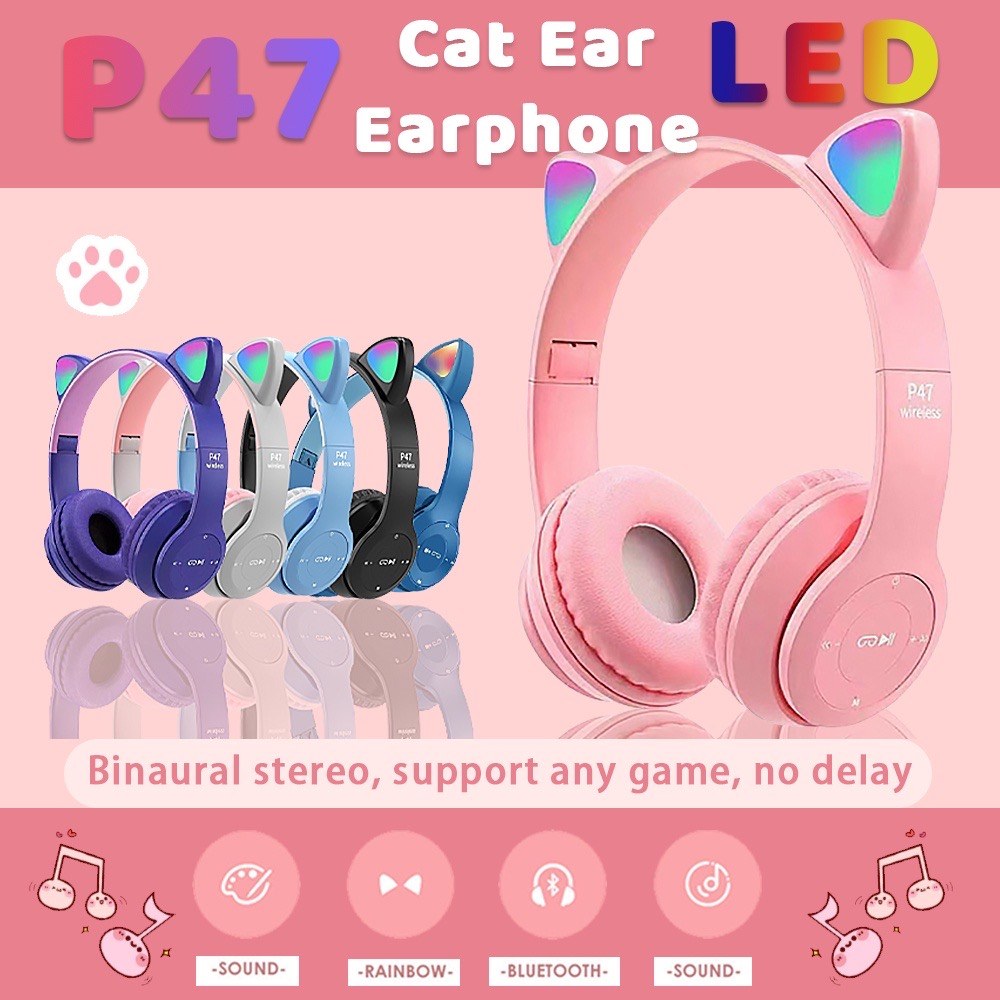 Навушники Cat Ear P47M Bluetooth з підсвічуванням RGB Light (Рожевий)